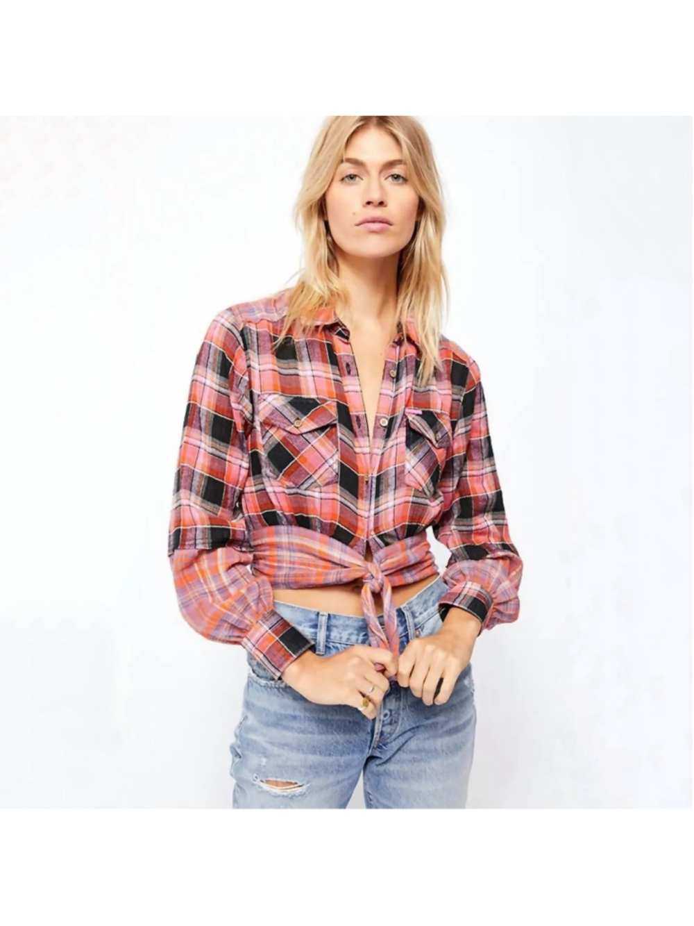 Free People First bloom plaid button down shirt cropped purple orange medium M